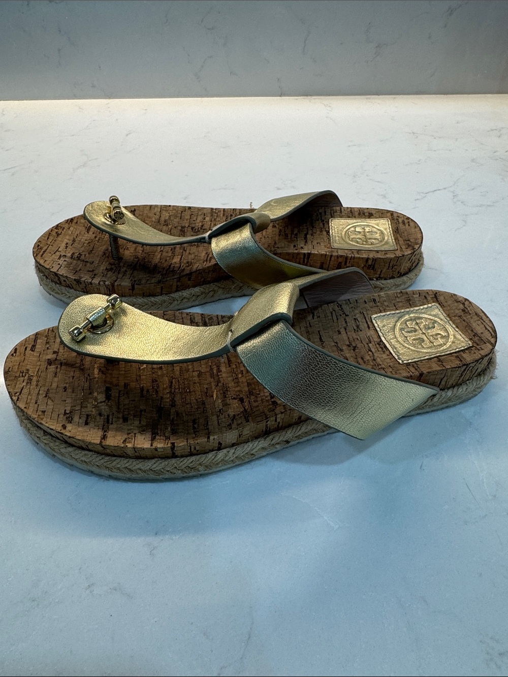Tory Burch Metallic Gold Cork Platform Thong Sandals